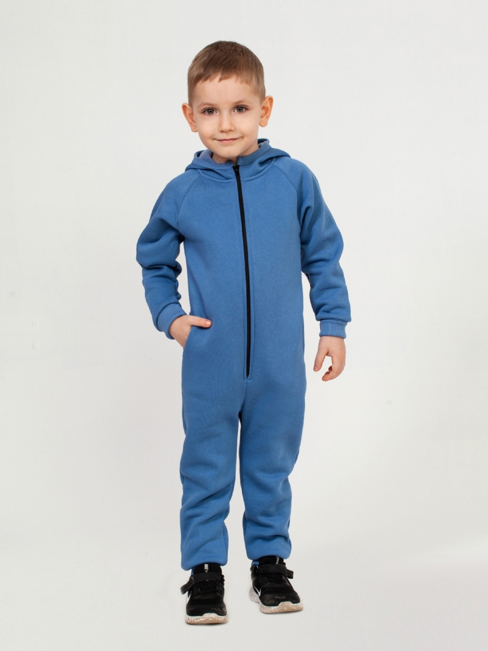 318-ДЖ. Комбинезон на молнии с капюшоном, джинсовый, хлопок 65%, 35% ПЭ, 3 нитка толстовка (начёс) 86,92,98,104